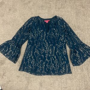 Lilly Pulitzer Top Womens XS Fish Clip Chiffon Silk Metallic Teal Gold Blouse